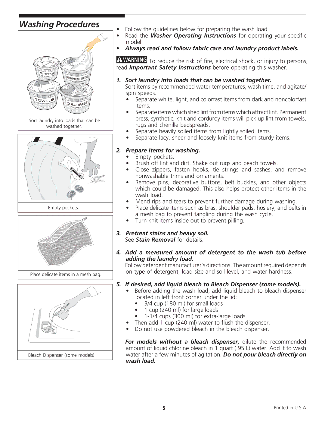 Sears 97812 Washing Procedures, Sort laundry into loads that can be washed together, Prepare items for washing, Wash load 