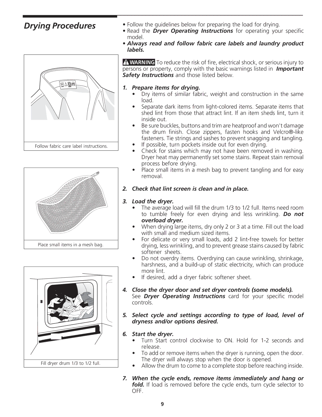 Sears 97812 manual Drying Procedures, Prepare items for drying, Check that lint screen is clean and in place Load the dryer 