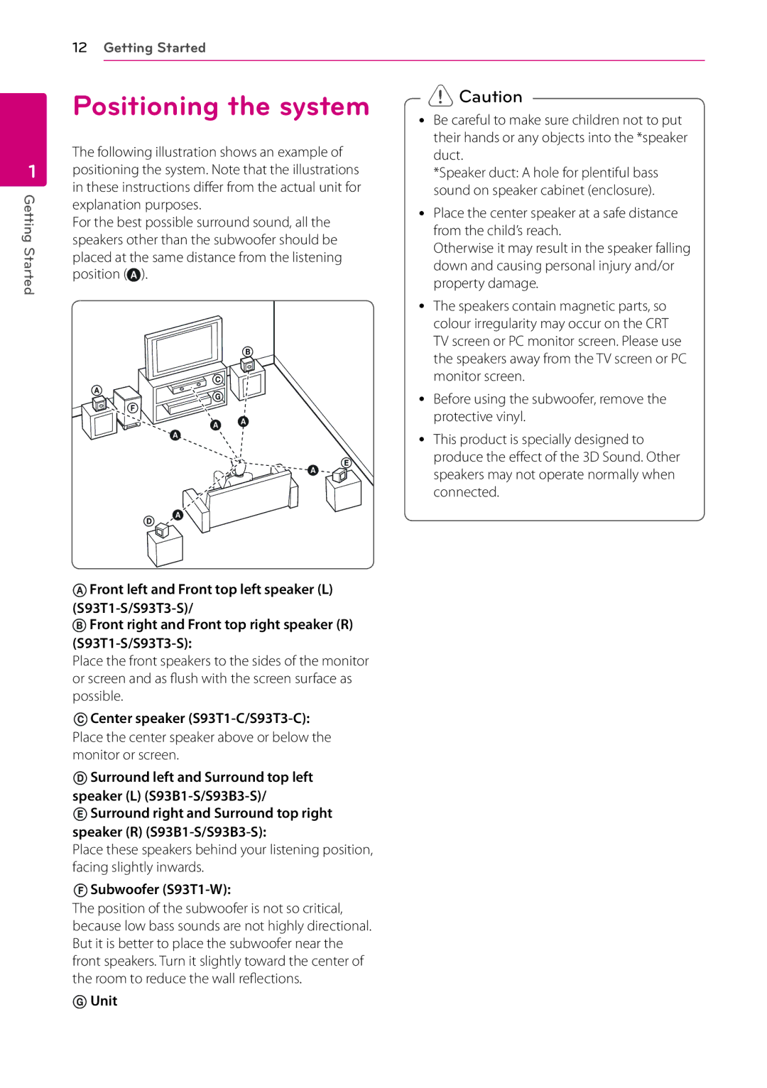 Sears BH9431PW, BH9430PW owner manual Positioning the system, Subwoofer S93T1-W, Unit 