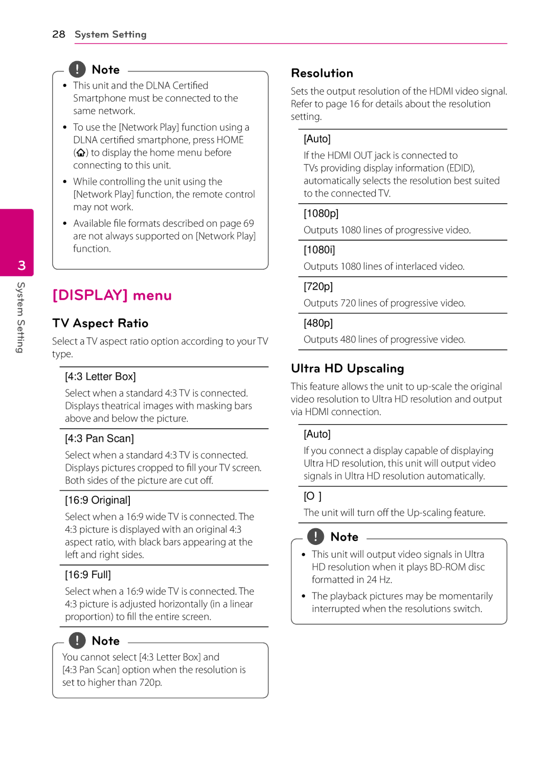 Sears BH9431PW, BH9430PW owner manual Display menu, TV Aspect Ratio, Resolution, Ultra HD Upscaling 