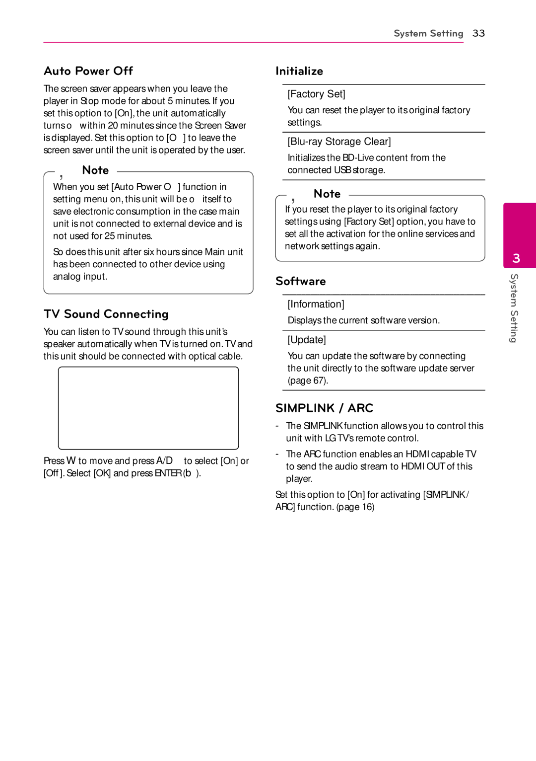 Sears BH9430PW, BH9431PW owner manual Auto Power Off, TV Sound Connecting, Initialize, Software 