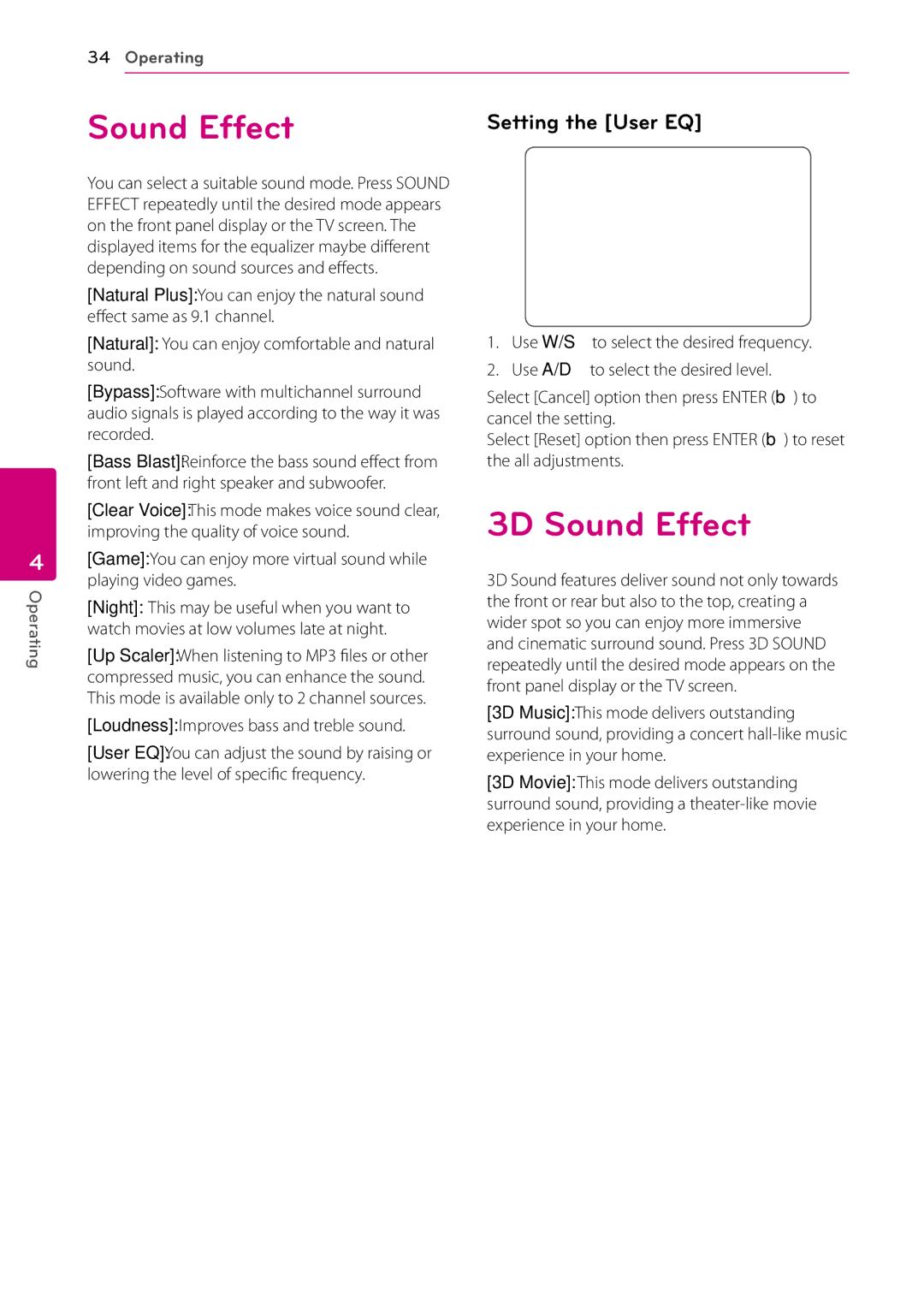 Sears BH9431PW, BH9430PW owner manual 3D Sound Effect, Setting the User EQ 