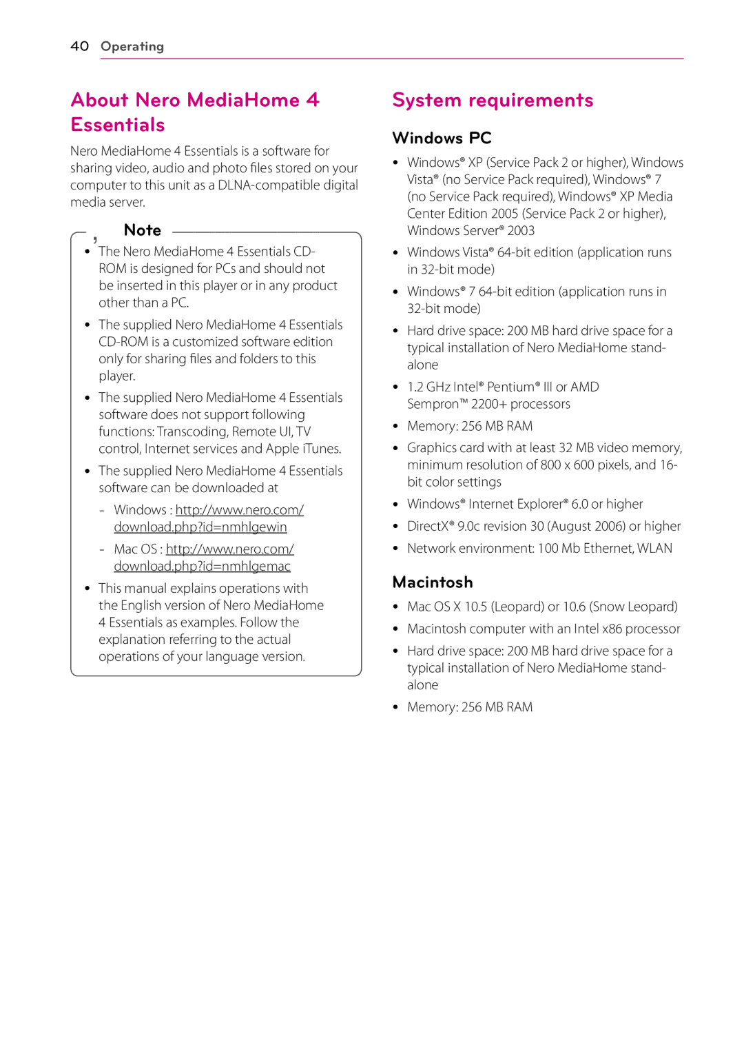 Sears BH9431PW, BH9430PW owner manual About Nero MediaHome 4 Essentials, System requirements, Windows PC, Macintosh 