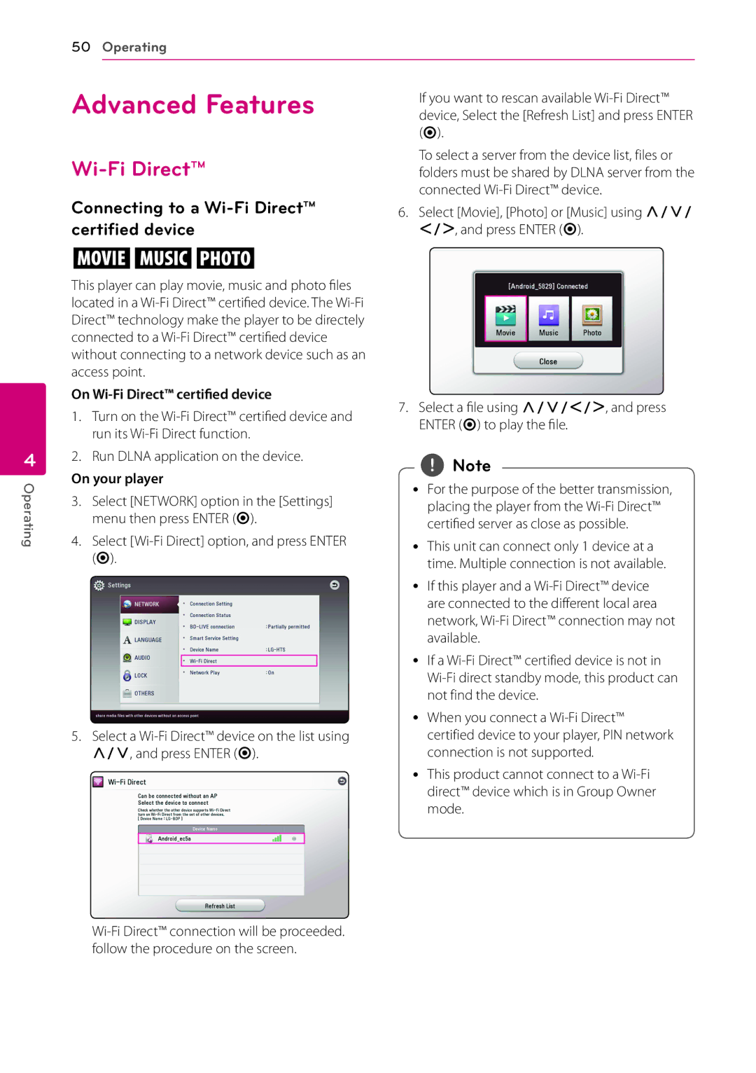 Sears BH9431PW, BH9430PW owner manual Advanced Features, Connecting to a Wi-Fi Direct, Certified device 