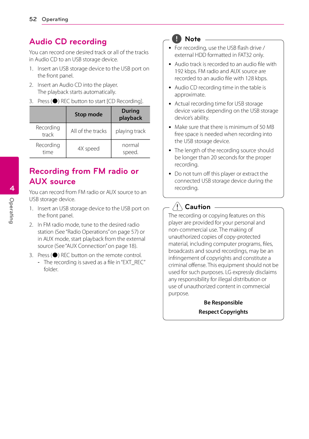 Sears BH9431PW, BH9430PW owner manual Audio CD recording, Recording from FM radio or AUX source, Stop mode During 