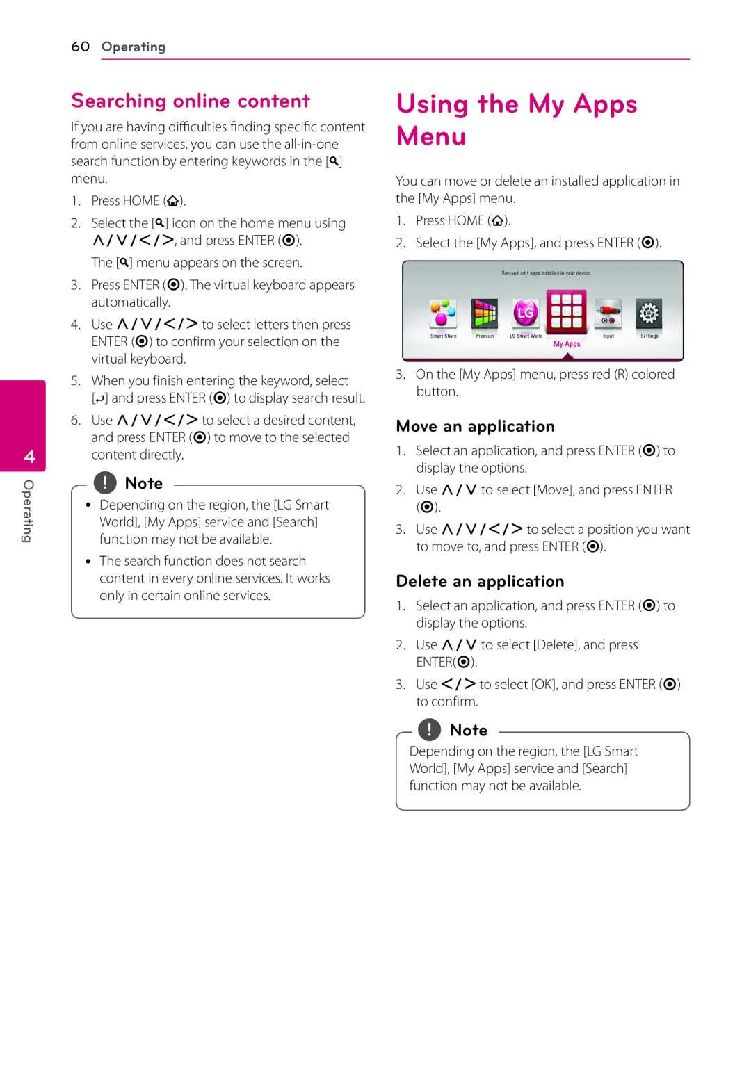 Sears BH9431PW, BH9430PW Using the My Apps Menu, Searching online content, Move an application, Delete an application 