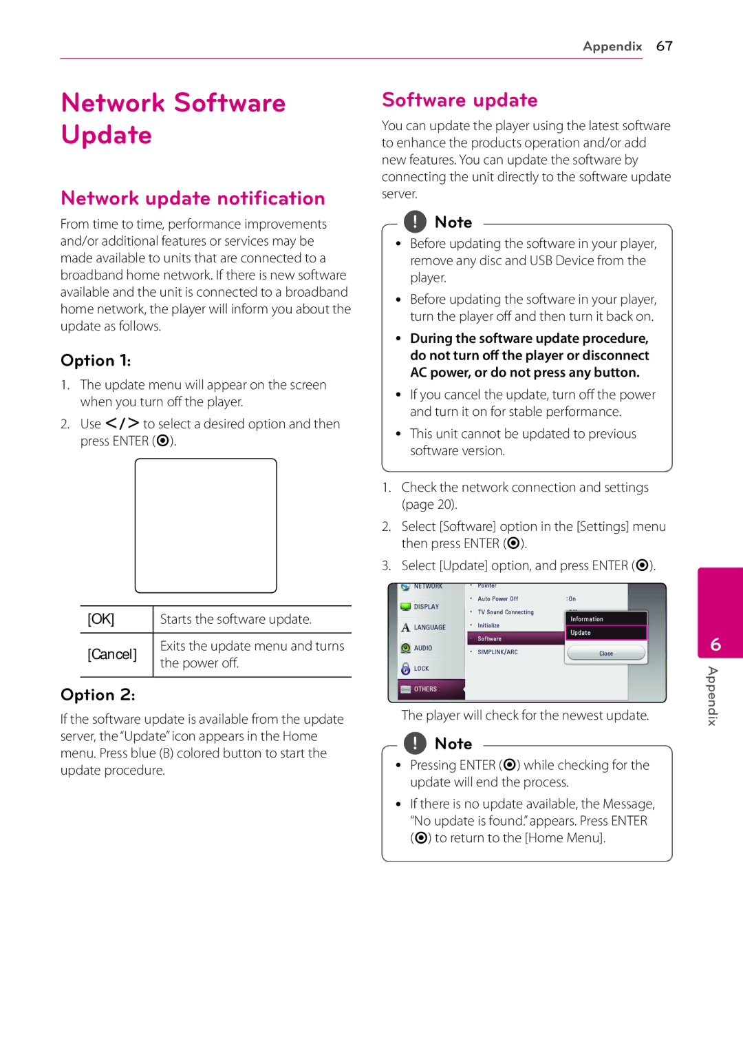 Sears BH9430PW, BH9431PW owner manual Network Software Update, Network update notification, Software update, Option 