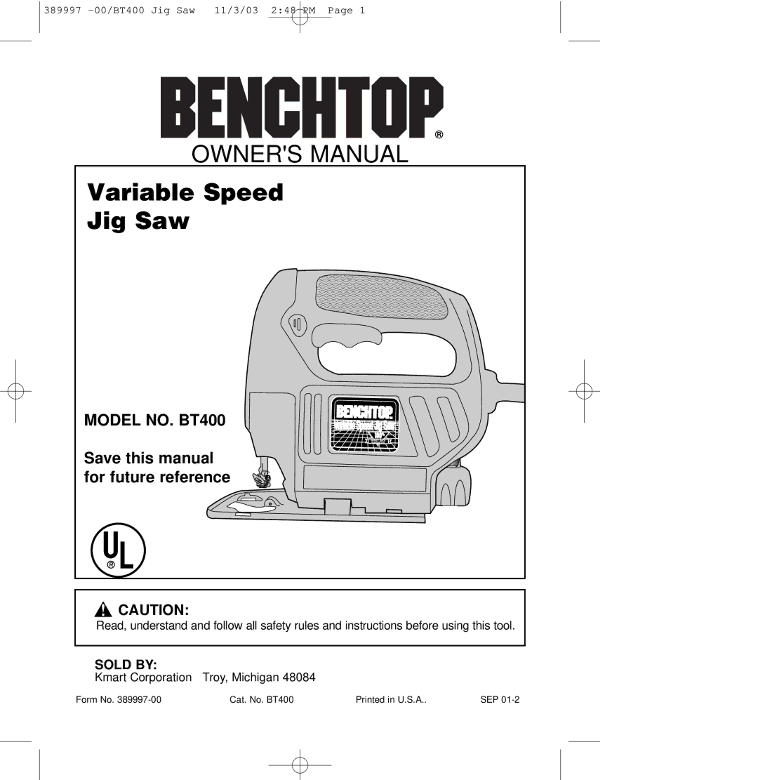 Sears BT400 owner manual Variable Speed Jig Saw, Sold by 