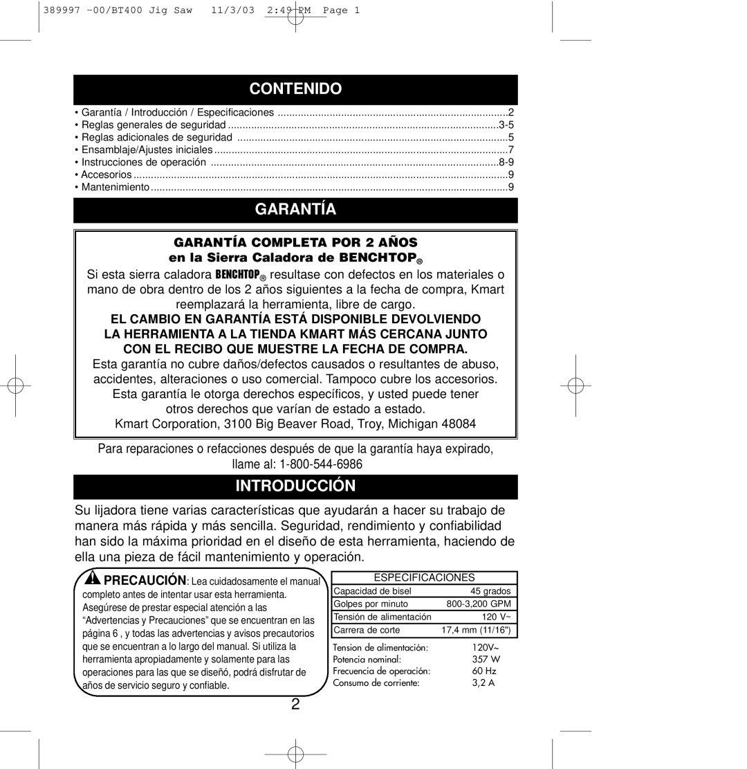 Sears BT400 owner manual Contenido, Garantía, Introducción, Especificaciones 