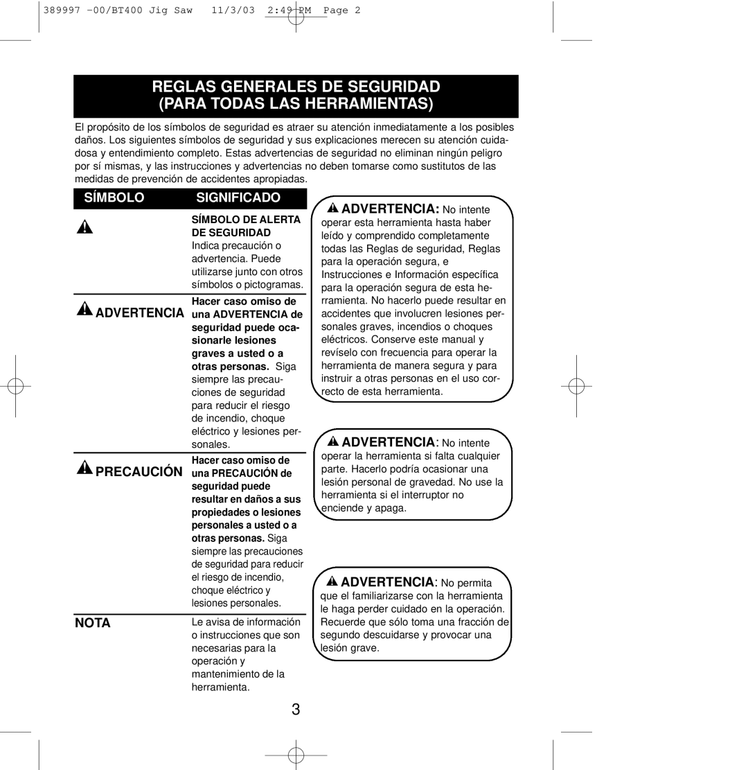 Sears BT400 owner manual Reglas Generales DE Seguridad Para Todas LAS Herramientas, Nota 