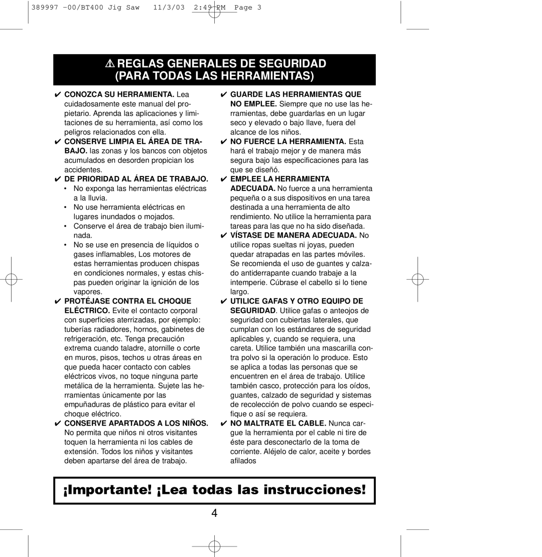 Sears BT400 owner manual ¡Importante! ¡Lea todas las instrucciones 