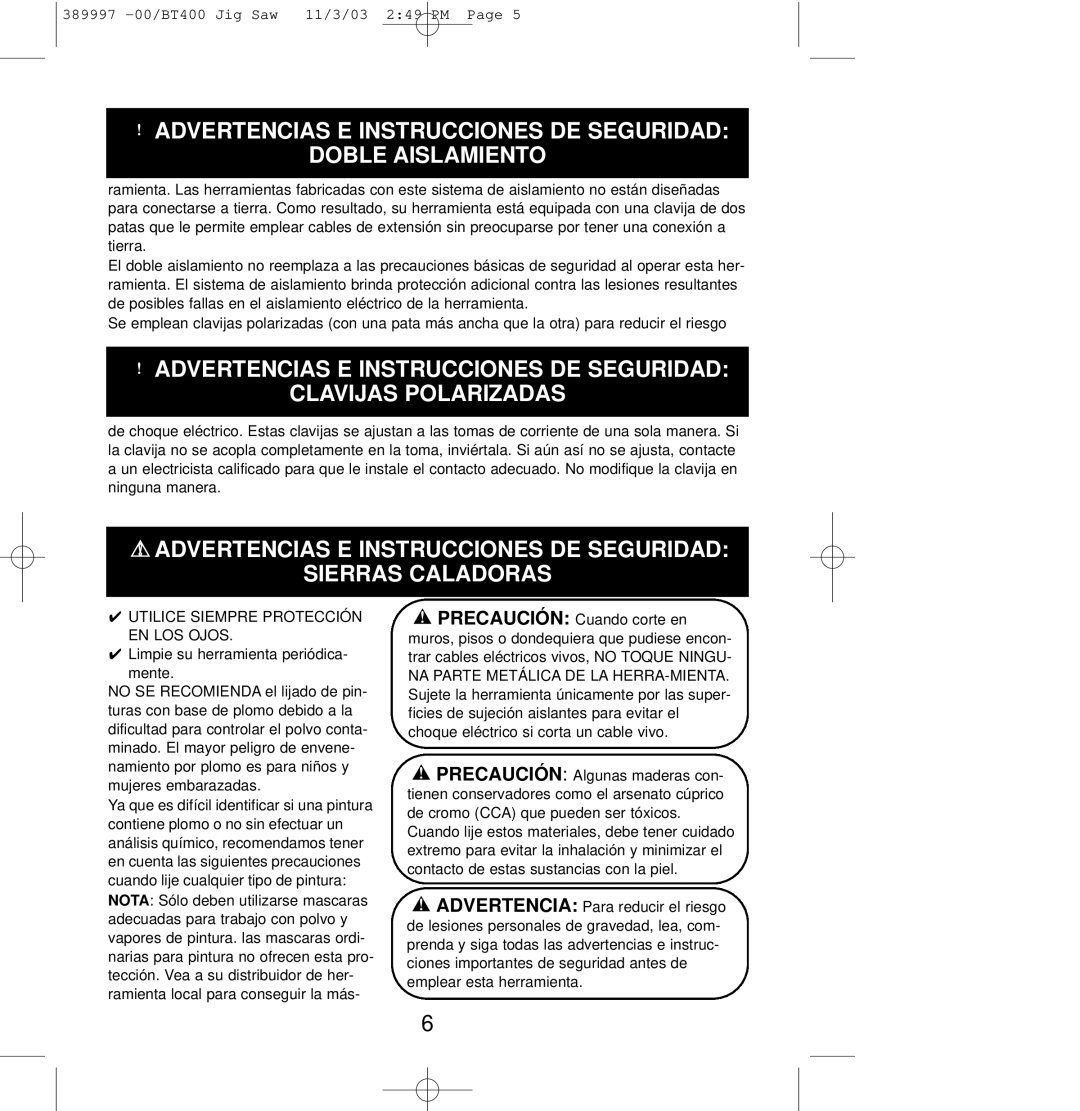 Sears BT400 Advertencias E Instrucciones DE Seguridad Doble Aislamiento, Utilice Siempre Protección EN LOS Ojos 