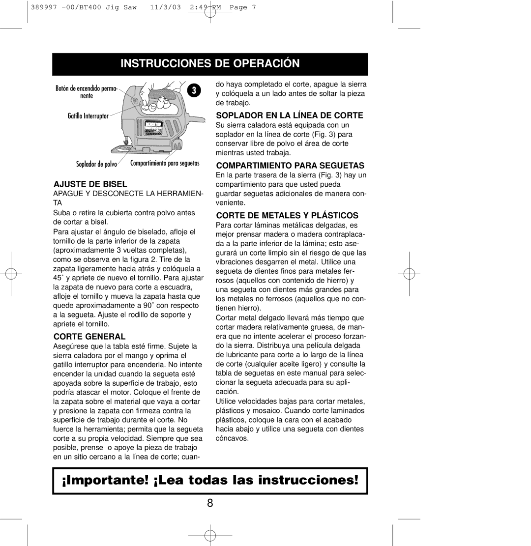 Sears BT400 owner manual Instrucciones DE Operación 