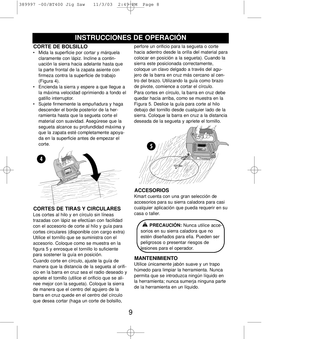 Sears BT400 owner manual Corte DE Bolsillo, Cortes DE Tiras Y Circulares, Accesorios, Mantenimiento 