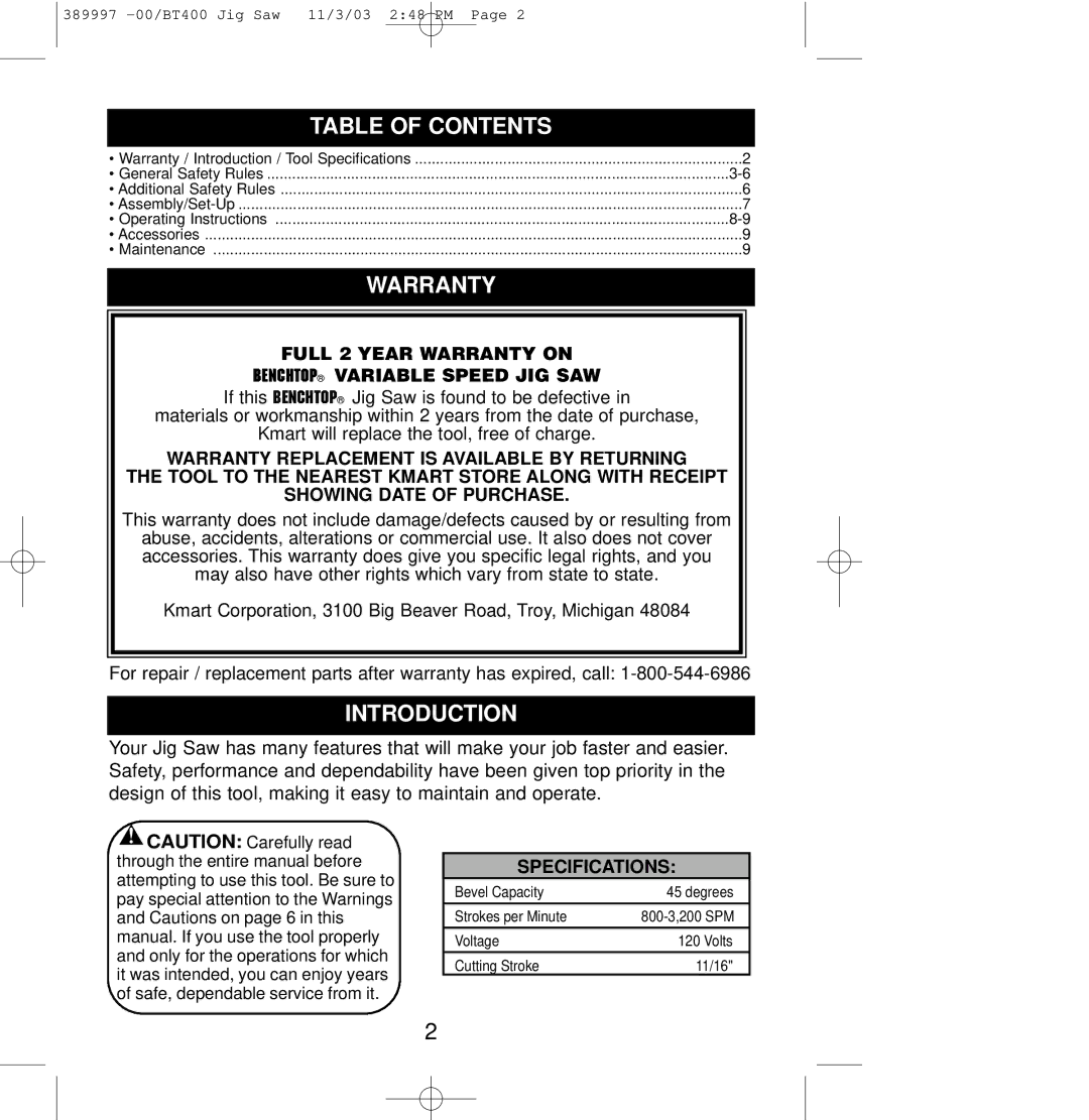 Sears BT400 owner manual Table of Contents, Warranty, Introduction 