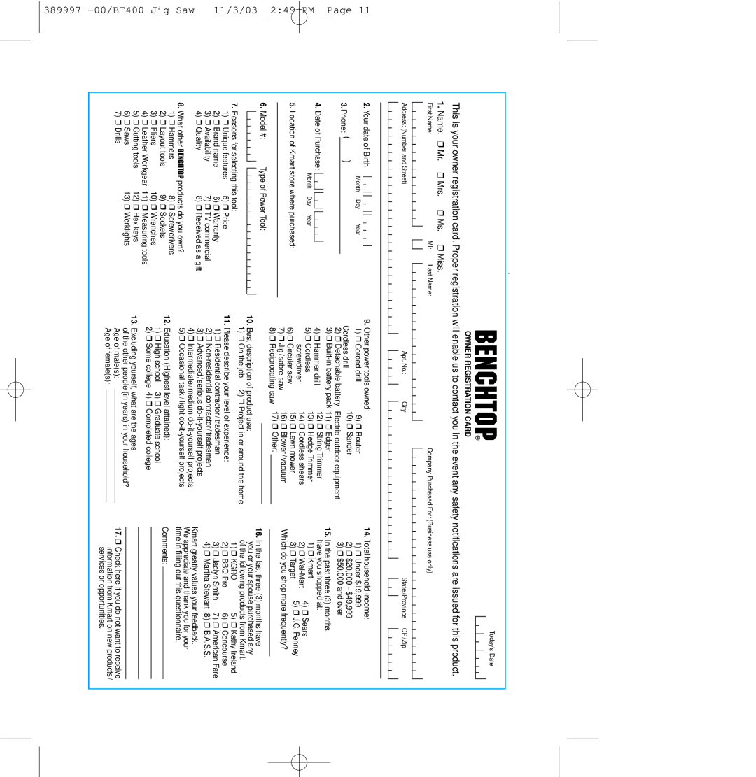 Sears owner manual 389997 -00/BT400 Jig Saw 11/3/03 249 PM 