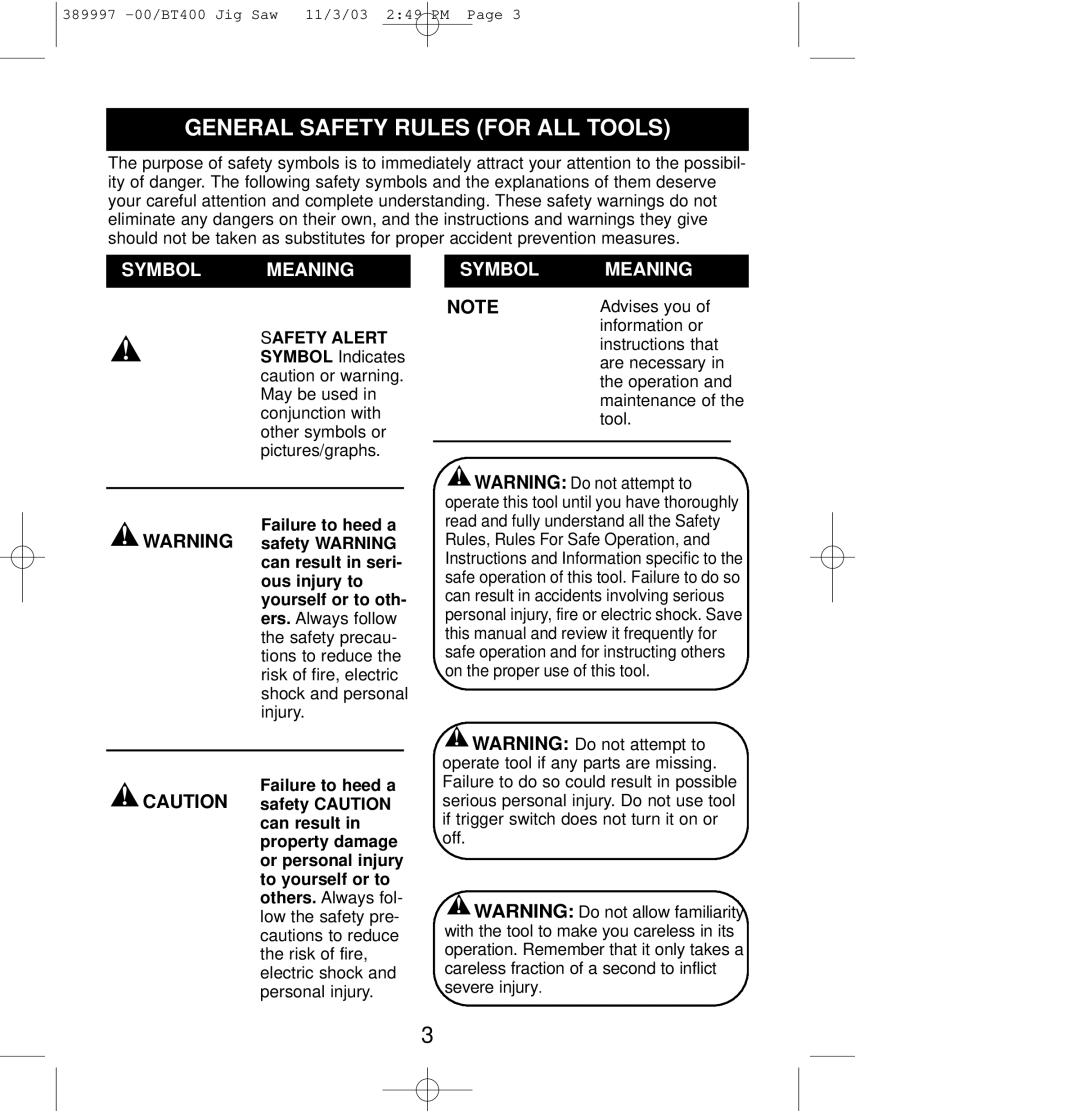 Sears BT400 owner manual General Safety Rules for ALL Tools, Symbol Meaning 