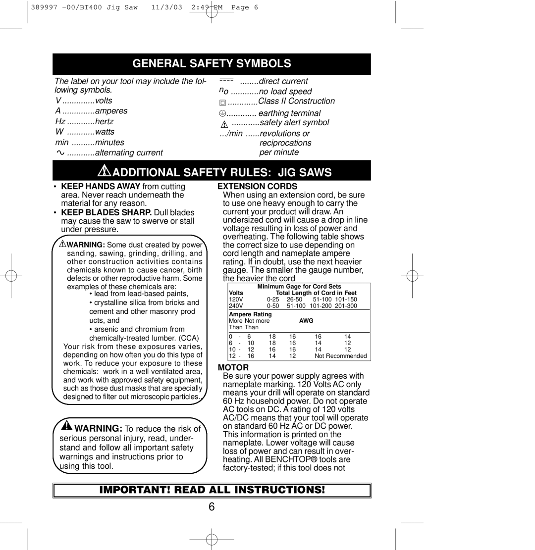 Sears BT400 owner manual Generalsafetywarningssymbols, Additional Safety Rules JIG Saws, Extension Cords, Motor 