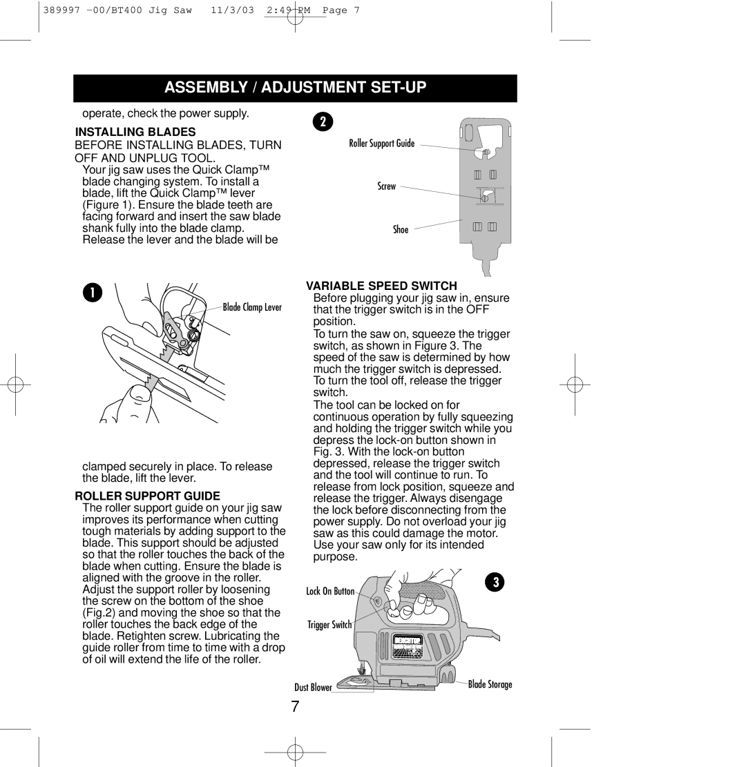 Sears BT400 owner manual Assembly / Adjustment SET-UP, Installing Blades, Roller Support Guide, Variable Speed Switch 