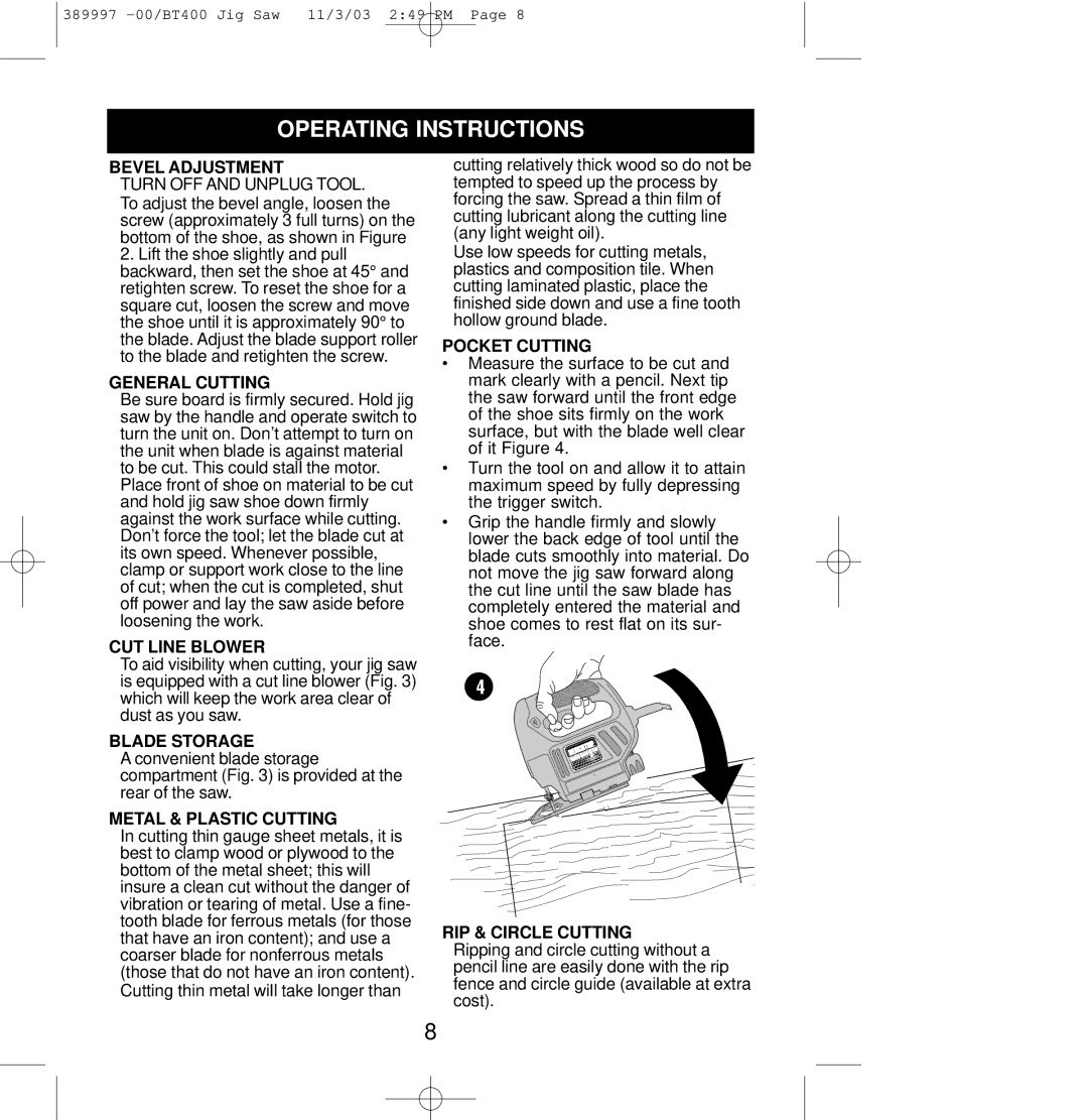 Sears BT400 owner manual Operating Instructions 