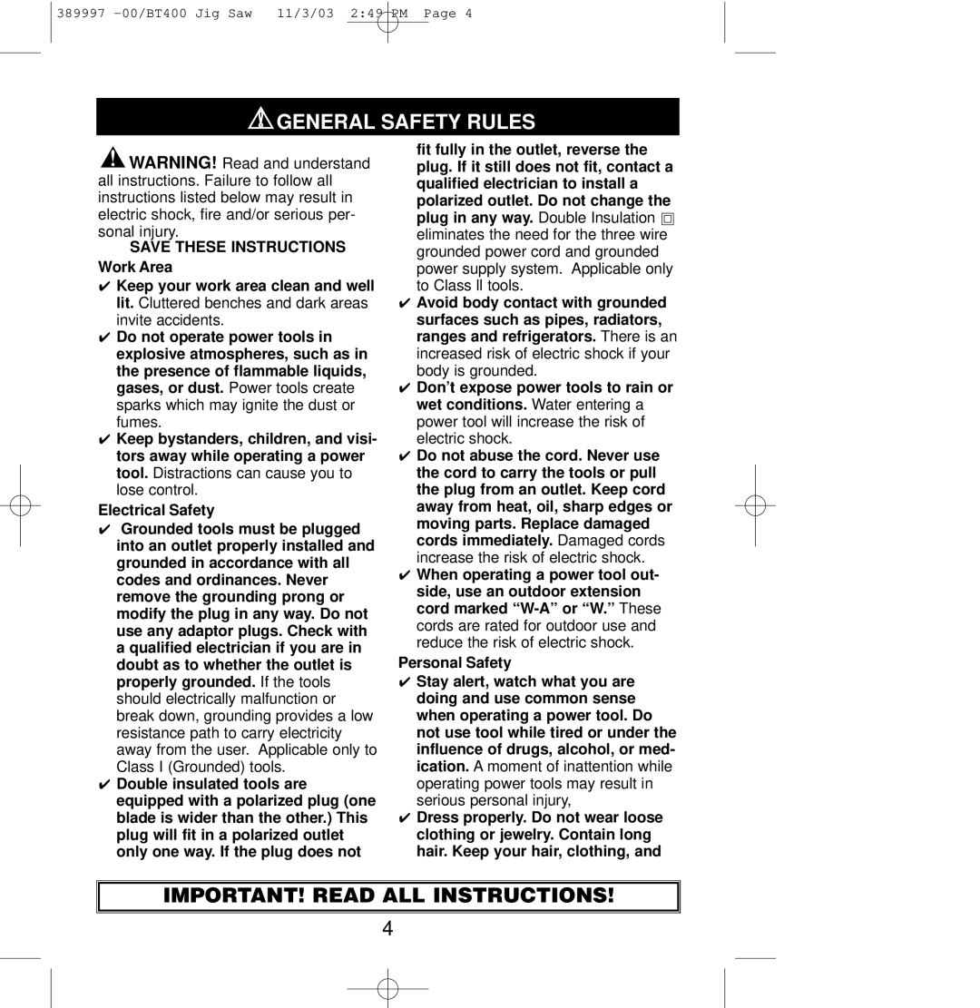 Sears BT400 General Safety Rules, Important! Read All Instructions, SAVE THESE INSTRUCTIONS Work Area, Electrical Safety 