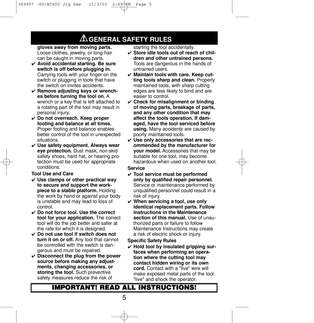 Sears BT400 General Safety Rules, Important! Read All Instructions, Tool Use and Care, Service, Specific Safety Rules 