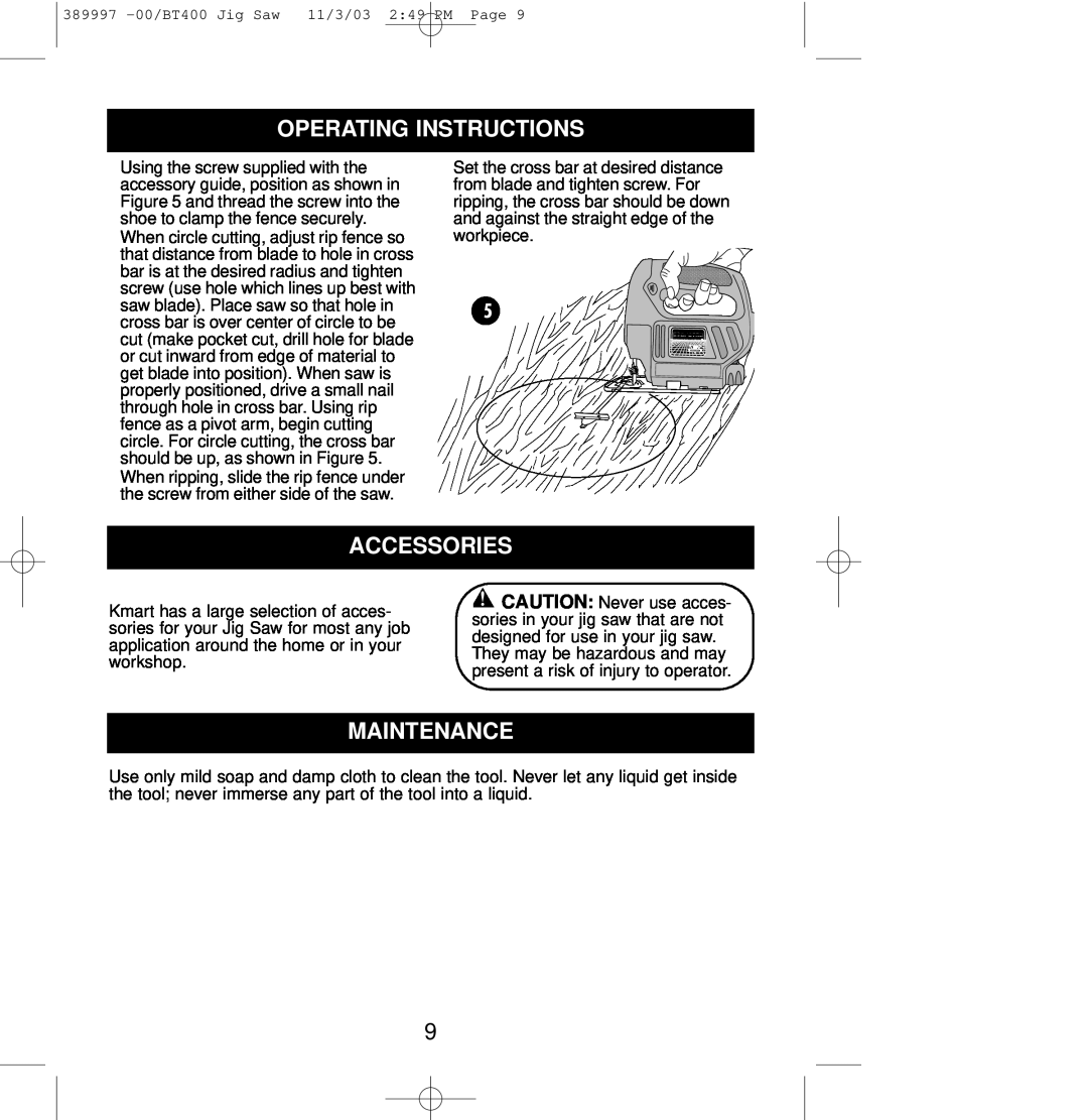 Sears BT400 owner manual Accessories, Maintenance, Operating Instructions 