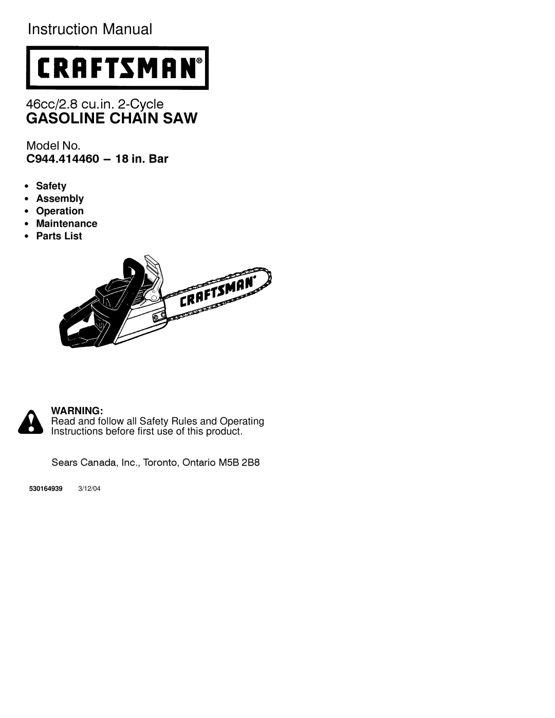 Sears C944.414460 instruction manual Gasoline Chain SAW 