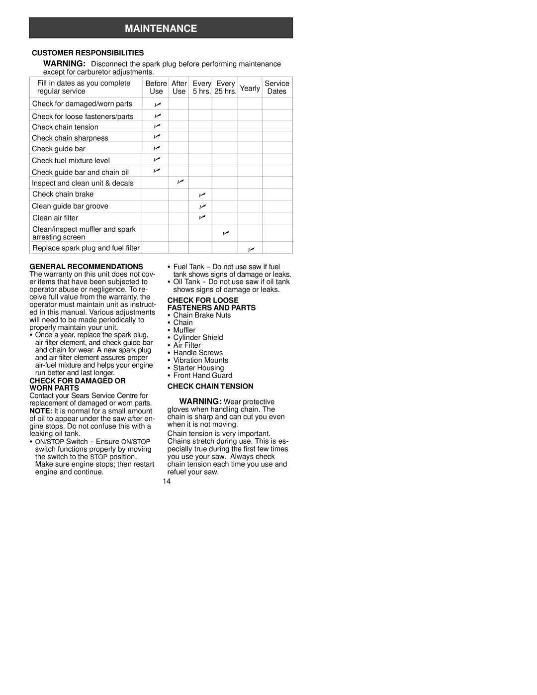 Sears C944.414460 Customer Responsibilities, General Recommendations, Check for Loose, Fasteners and Parts 