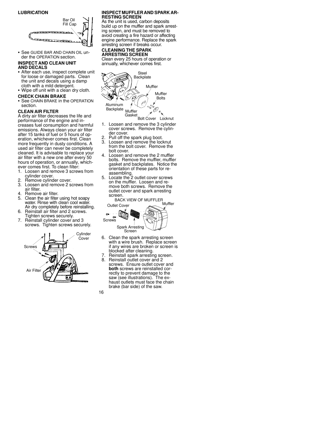 Sears C944.414460 instruction manual Lubrication, Inspect and Clean Unit and Decals, Check Chain Brake, Clean AIR Filter 