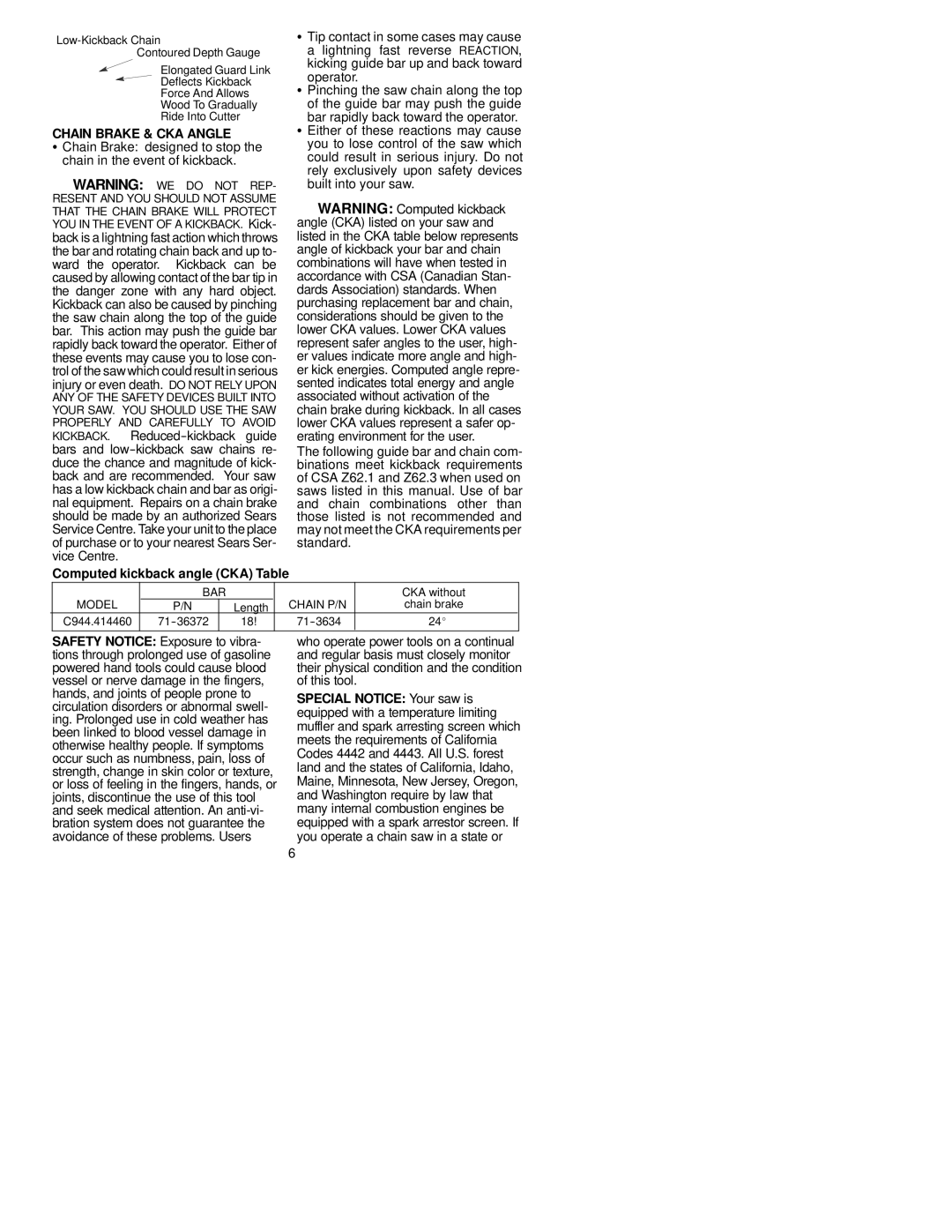 Sears C944.414460 instruction manual Chain Brake & CKA Angle, Special Notice Your saw is 