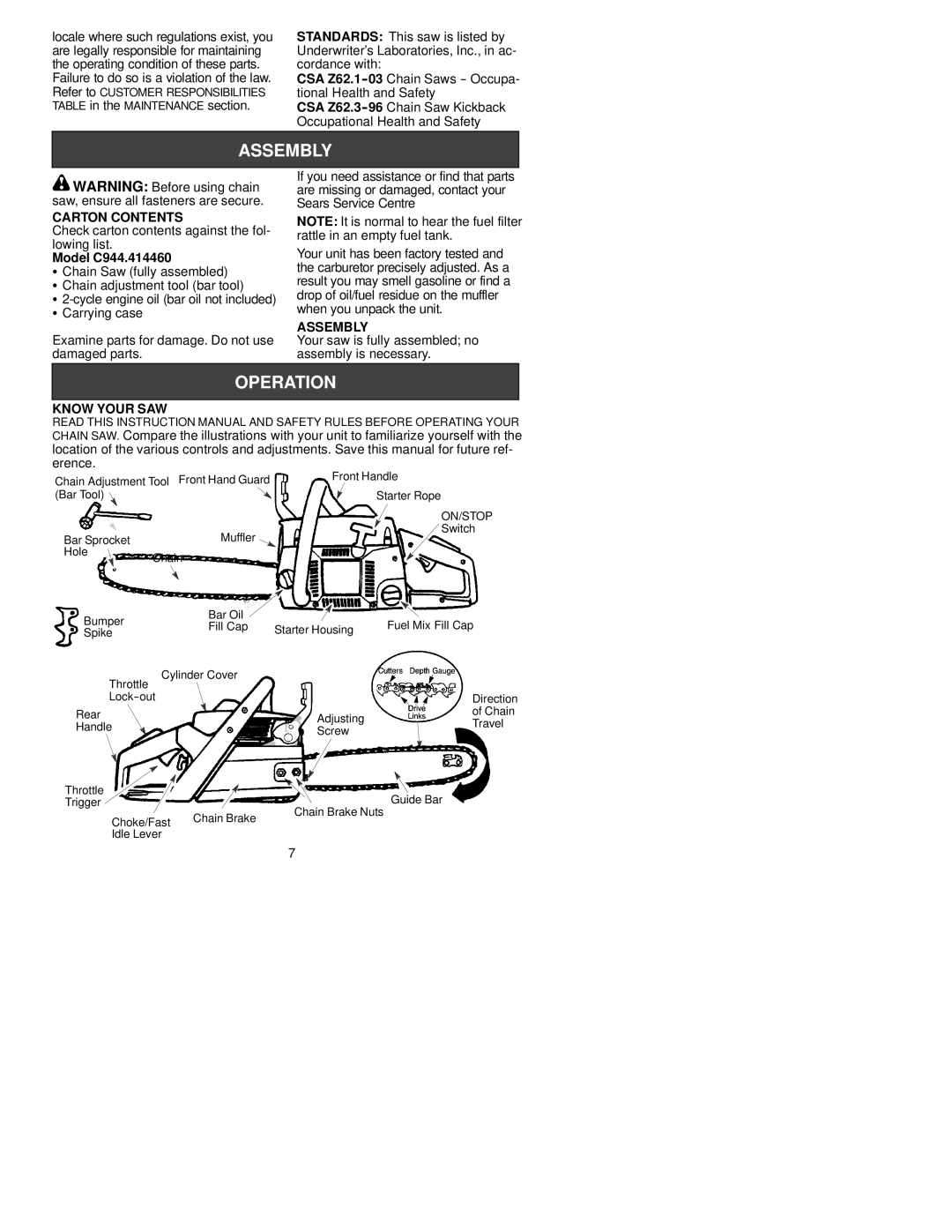 Sears C944.414460 instruction manual Carton Contents, Assembly, Know Your SAW 