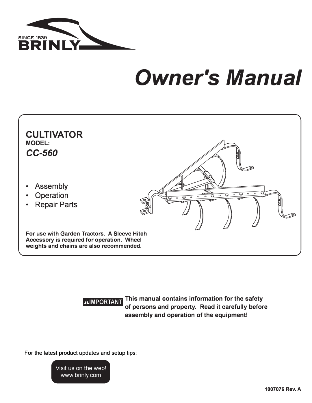 Sears CC-560 manual Model, 1007076 Rev. A, Cultivator, Assembly Operation Repair Parts, Visit us on the web 