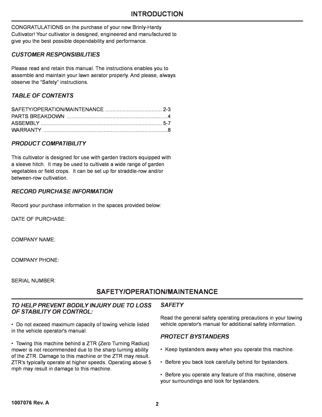 Sears CC-560 Introduction, Safety/Operation/Maintenance, Customer Responsibilities, Table Of Contents, Protect Bystanders 