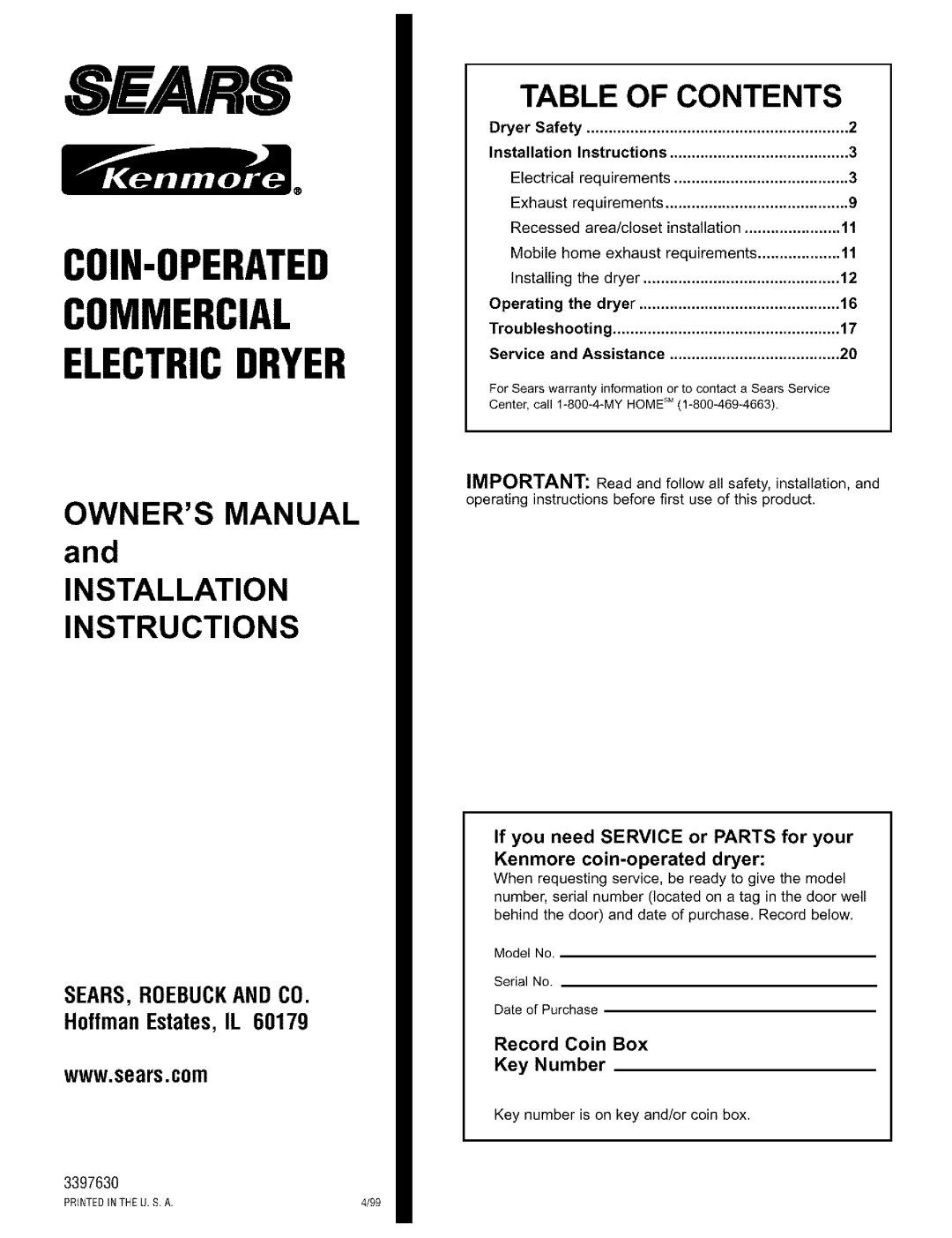 Sears Clothes Dryer owner manual COIN-OPERATED Commercial Electricdryer, Table of Contents 