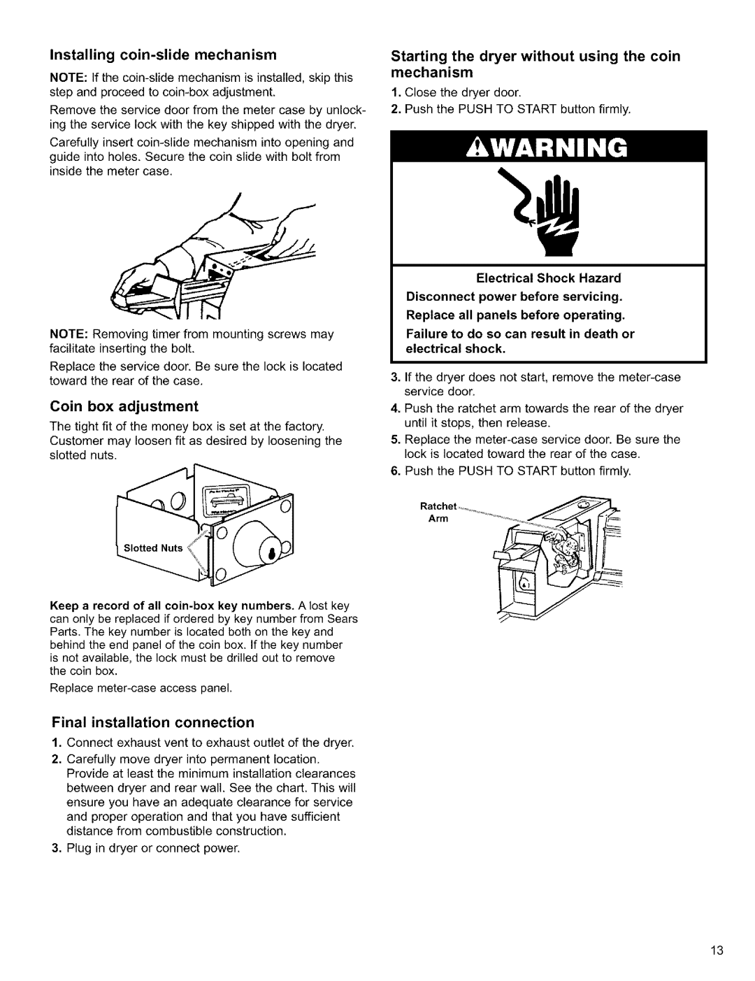 Sears Clothes Dryer owner manual Installing coin-slide mechanism, Coin box adjustment, Final installation connection 