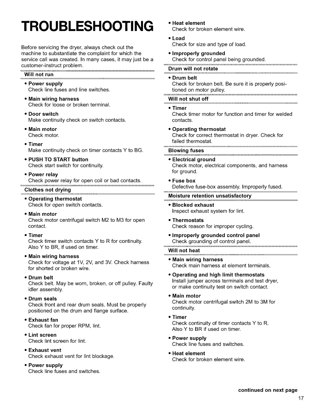 Sears Clothes Dryer owner manual Troubleshooting 