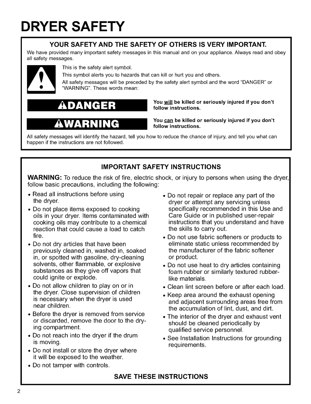 Sears Clothes Dryer owner manual Dryer Safety 