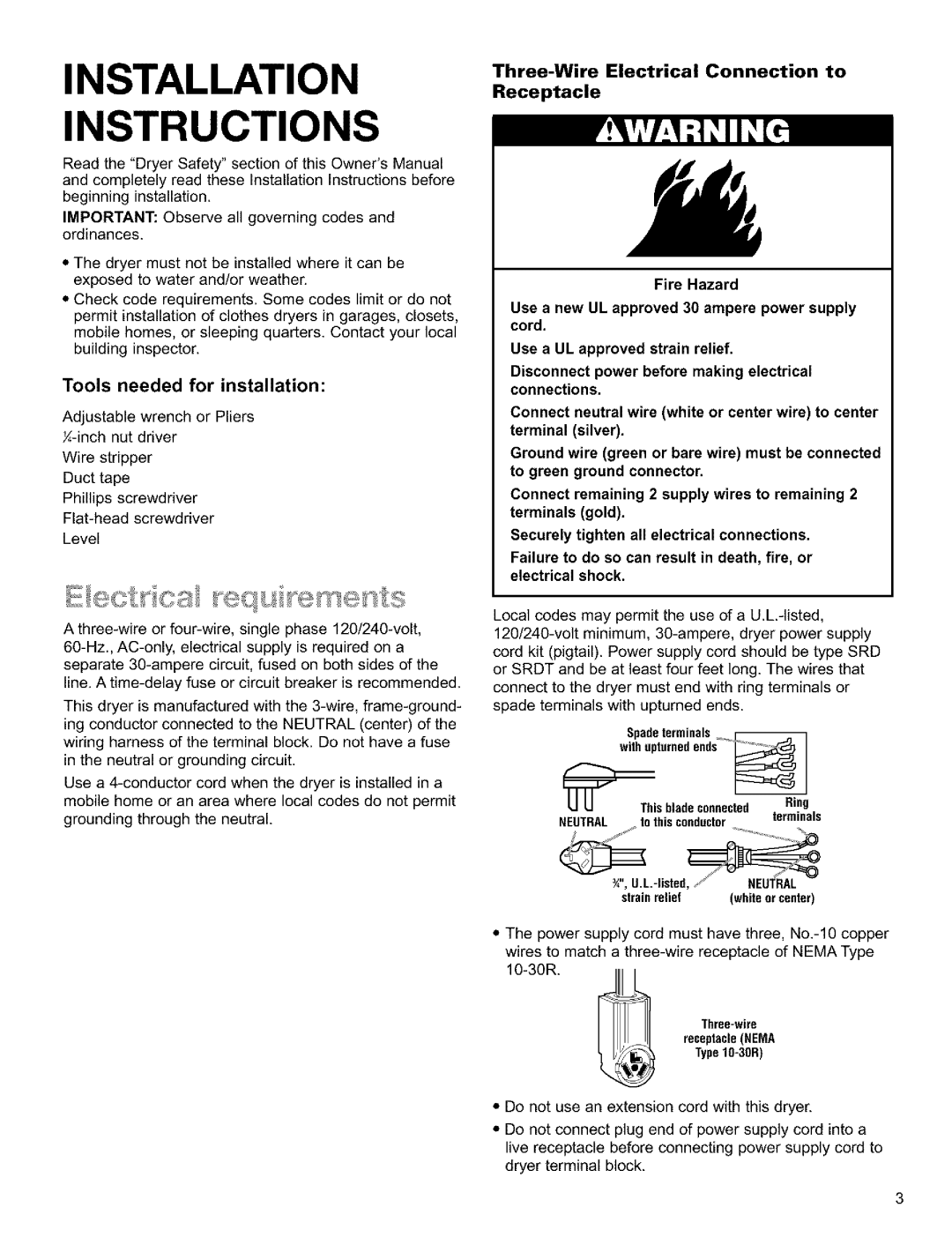 Sears Clothes Dryer Instructions, Tools needed for installation, Three-Wire Electrical Connection to Receptacle 