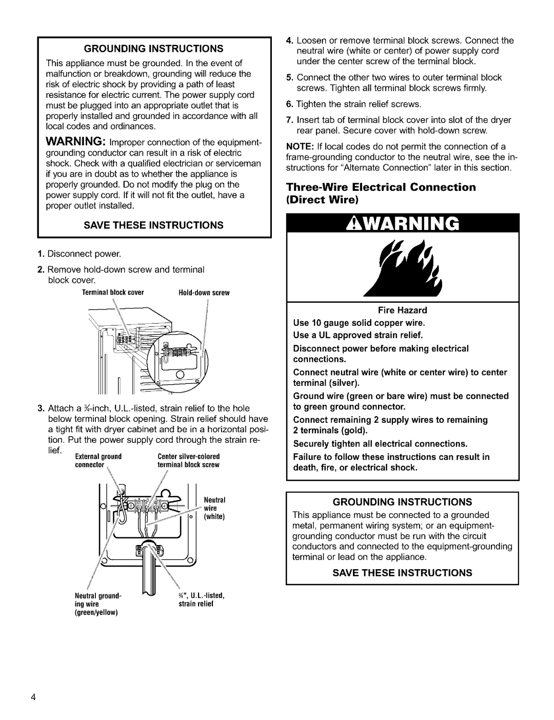 Sears Clothes Dryer owner manual Three-Wire Electrical Connection Direct Wire, Terminalblockcover Hold-downscrew 