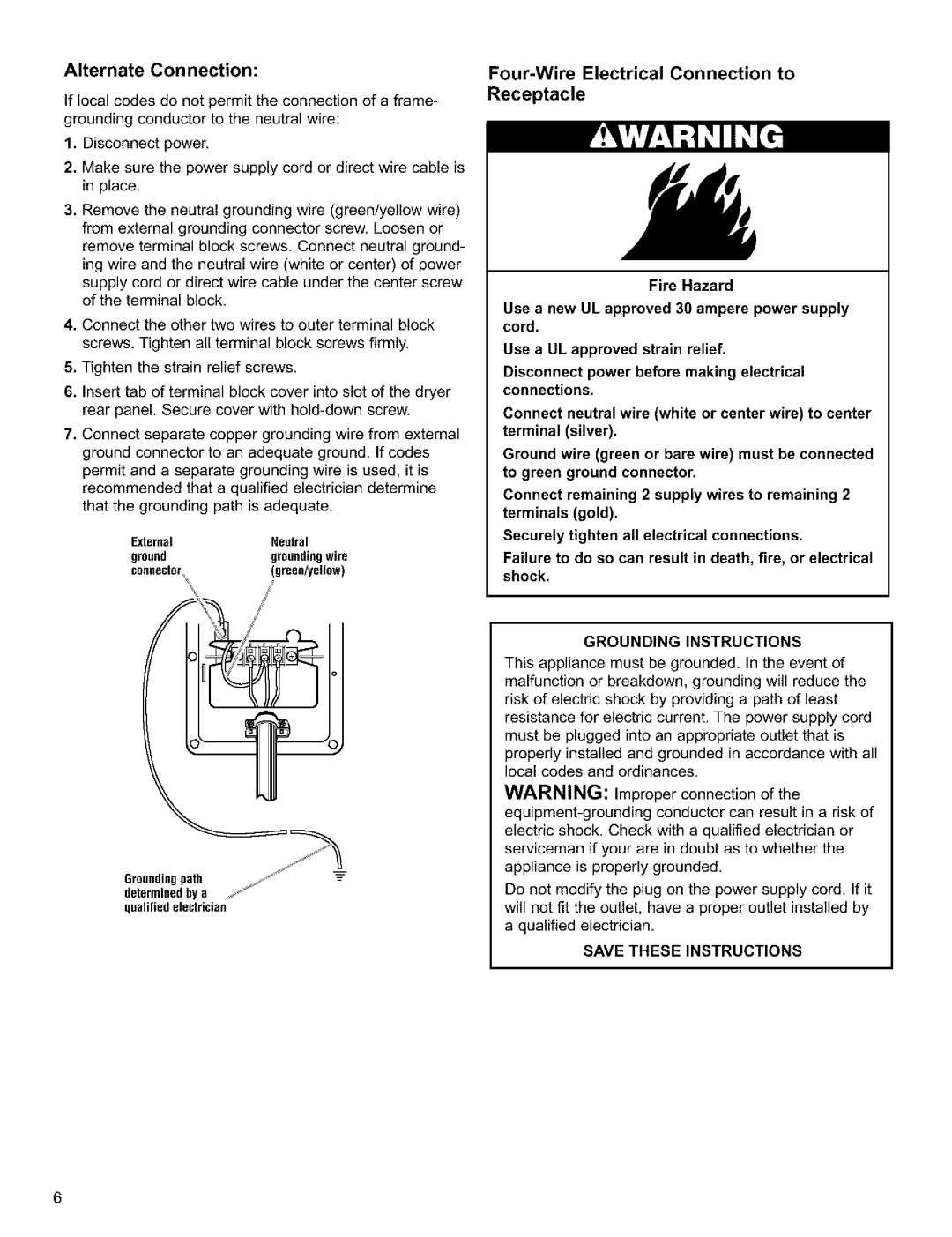 Sears Clothes Dryer owner manual Alternate Connection, Four-Wire Electrical Connection to Receptacle 