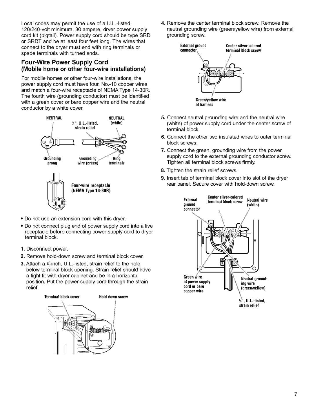 Sears Clothes Dryer owner manual Prong wimgreen terminals, External terminalblockscrew Neutral wire 