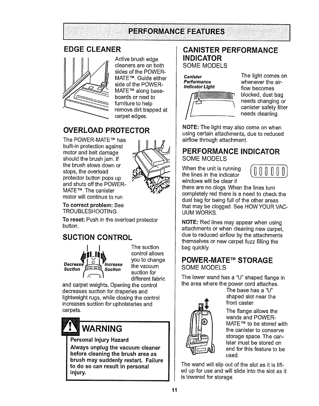 Sears CO1ZARD10UOO-4370537 owner manual Canister Performance Indicator, POWER-MATE TM Storage, Suction for different fabric 