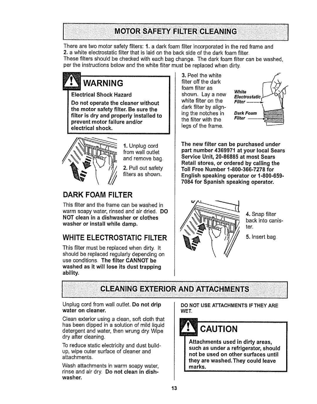 Sears CO1ZARD10UOO-4370537 owner manual Dark Foam Filter, White Electrostatic Filter 