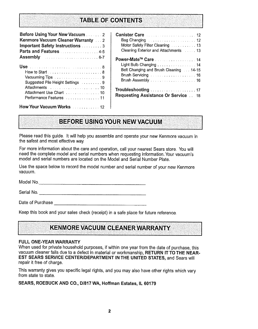 Sears CO1ZARD10UOO-4370537 Before Using Your New Vacuum, Kenmore Vacuum Cleaner Warranty, Safety Instructions, How Your 