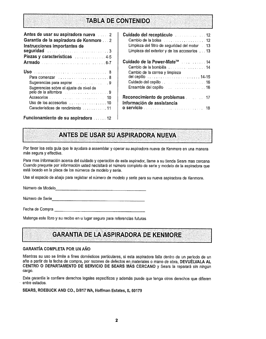 Sears CO1ZARD10UOO-4370537 Piezas y caracteristicas, Funcionamiento de su aspiradora, Cuidado De la Power-Mate TM 