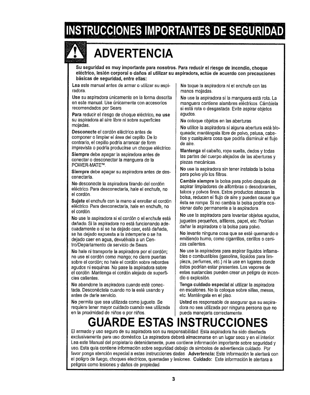 Sears CO1ZARD10UOO-4370537 owner manual Advertencia, Power-Matetl 