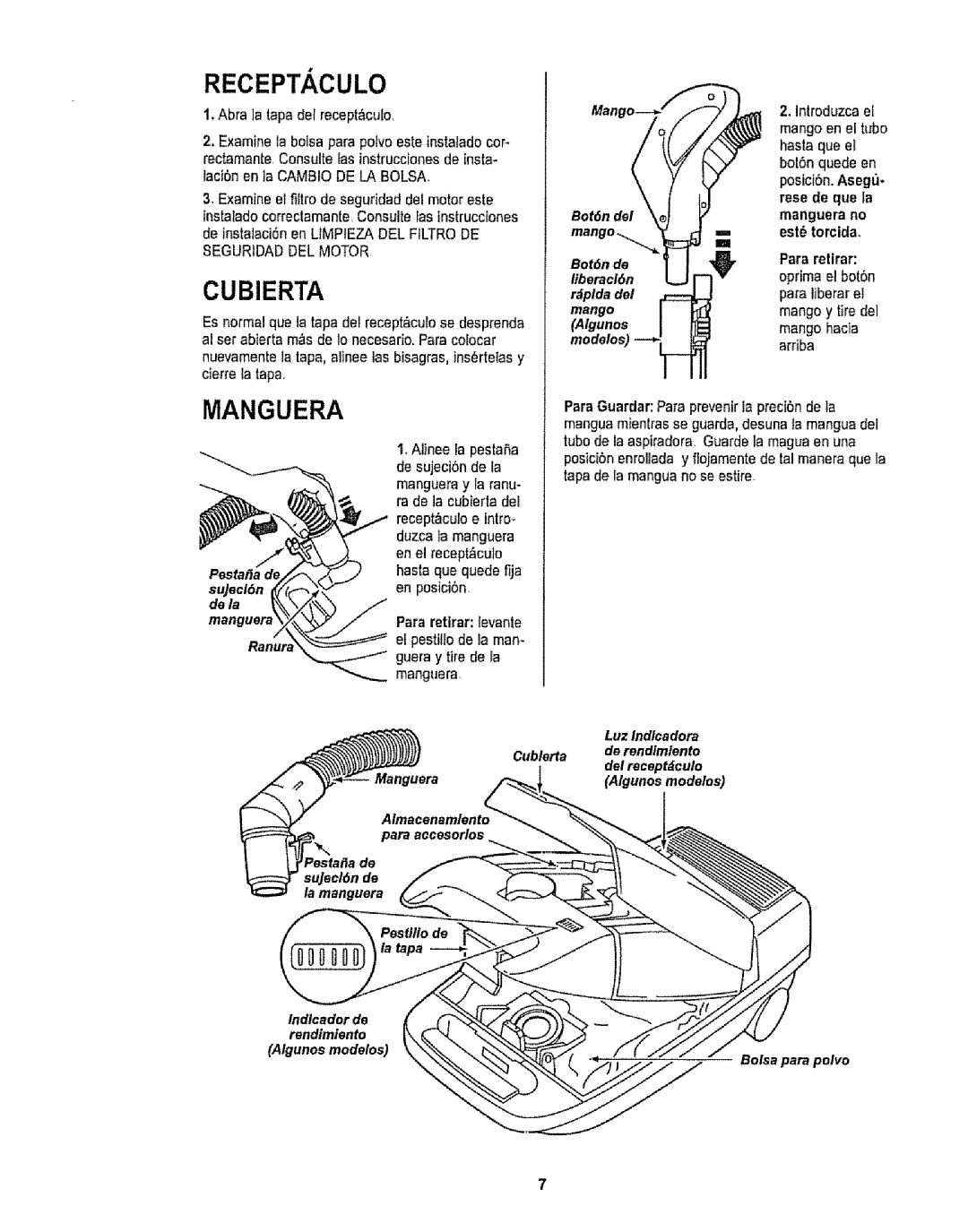 Sears CO1ZARD10UOO-4370537 owner manual Receptaculo, Manguera, $EGURIDAD DEL Motor 