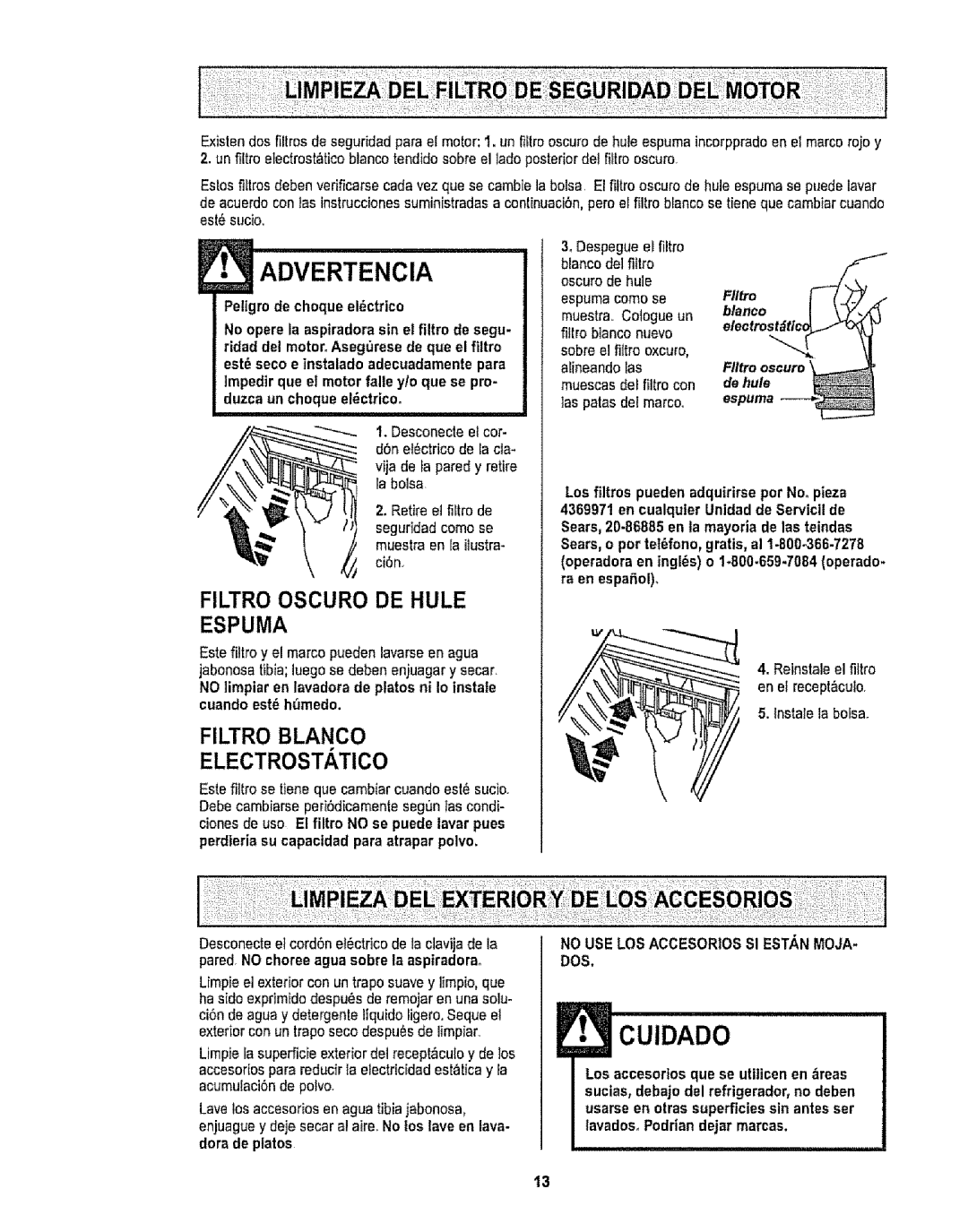 Sears CO1ZARD10UOO-4370537 owner manual Espuma, Filtro Blanco Electrostatico, Fltlro, No USE LOS Accesorios SI ESTA,N Moja 