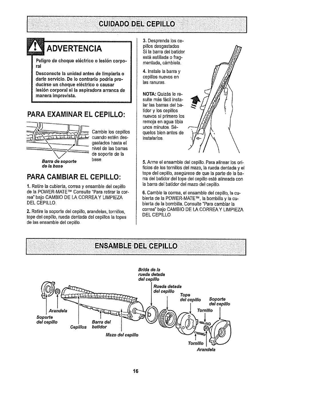 Sears CO1ZARD10UOO-4370537 owner manual Para Examinar EL Cepillo, Para Cambiar EL Cepillo 